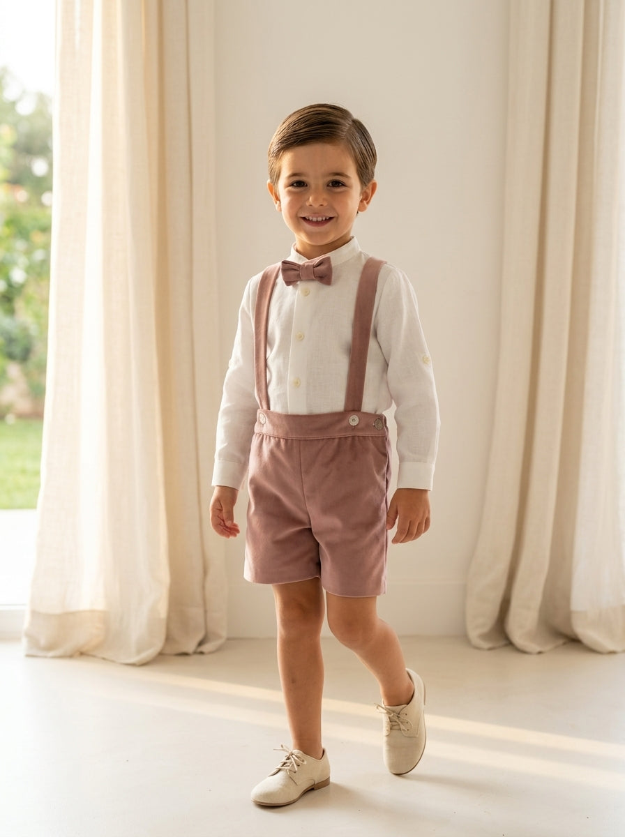 Conjunto camisa lino y short con tirantes terciopelo rosa con pajarita