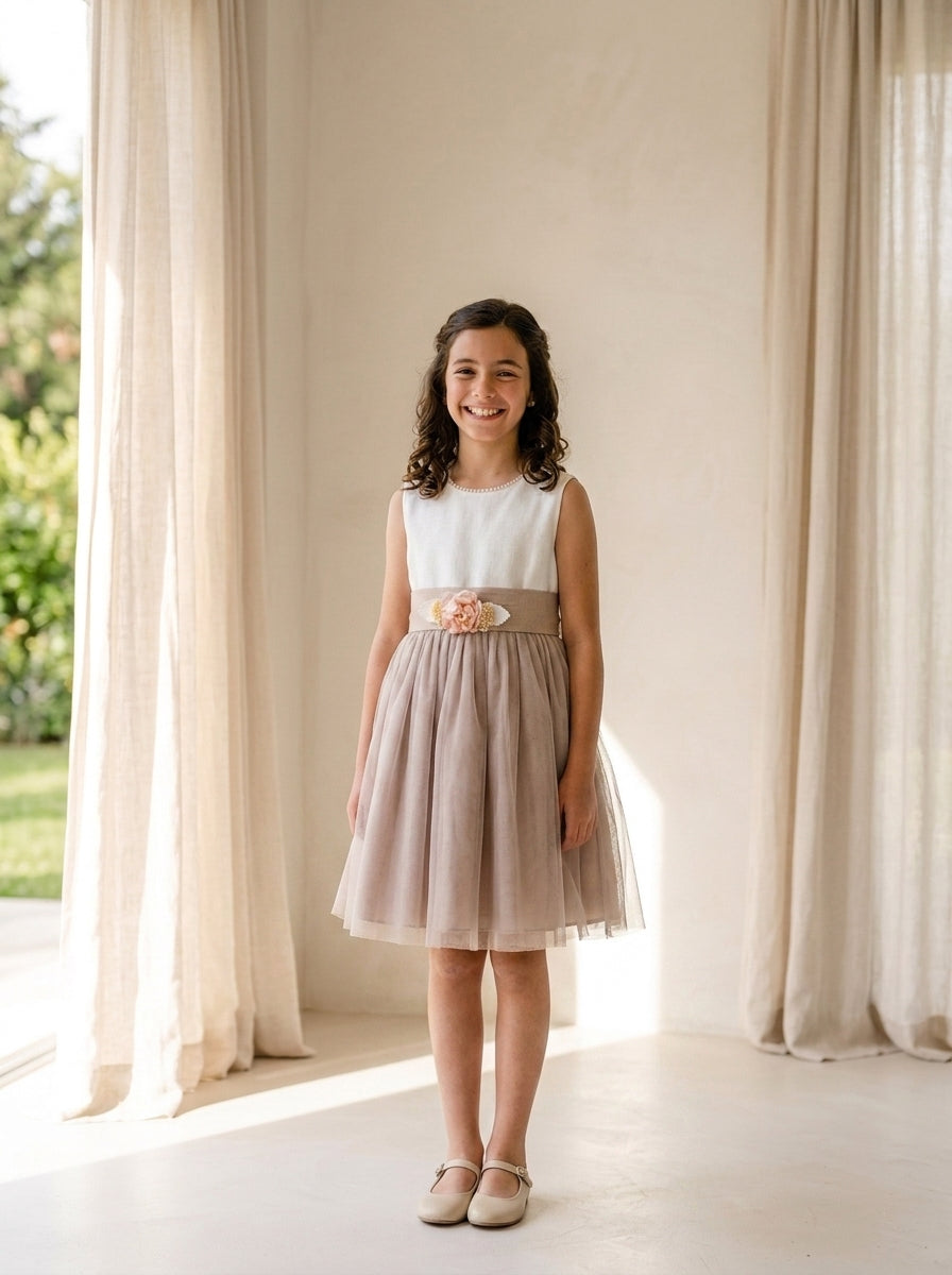 Vestido infantil sin mangas lino crudo y malva