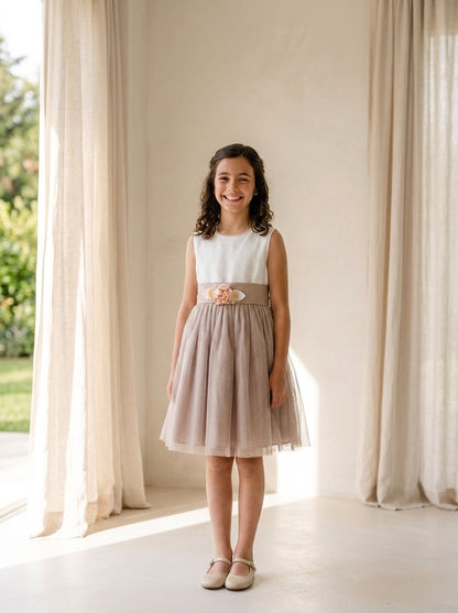 Vestido infantil sin mangas lino crudo y malva