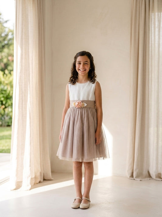 Vestido infantil sin mangas lino crudo y malva