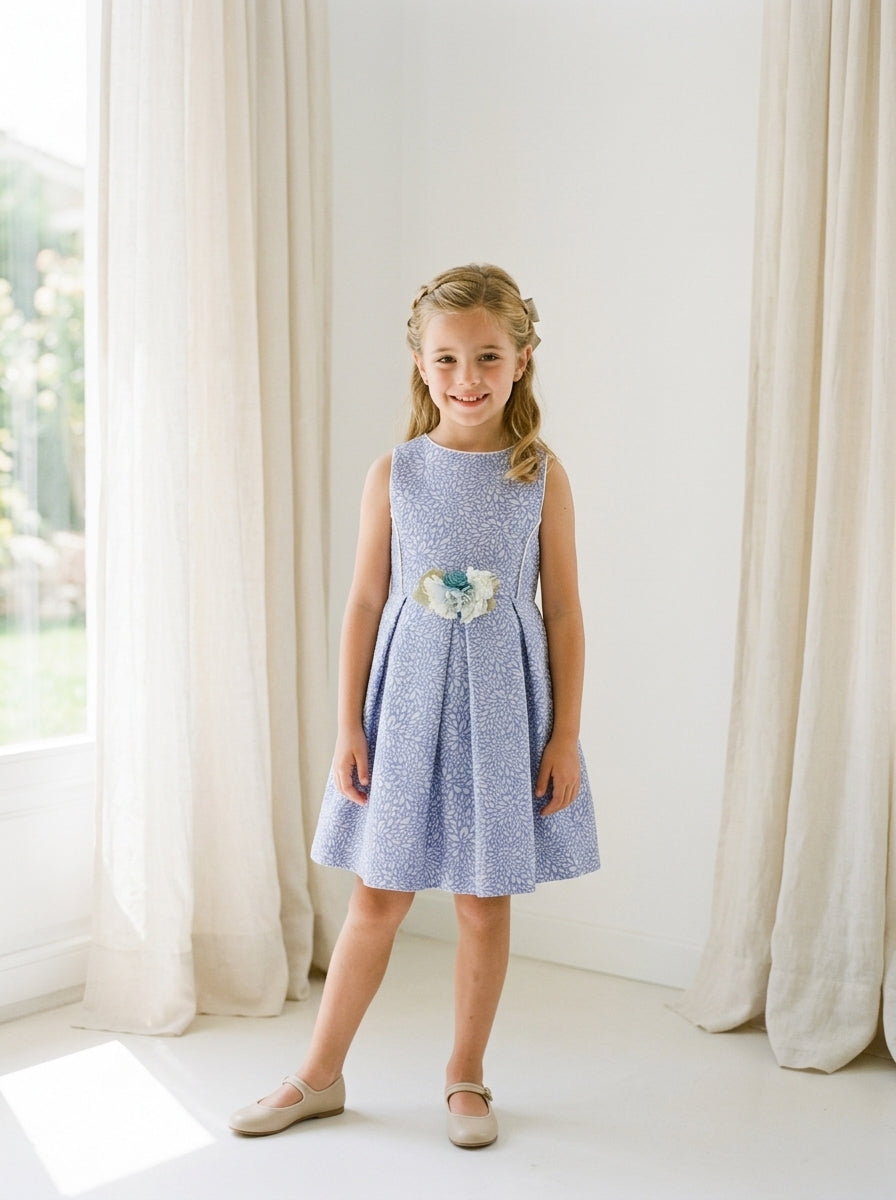 Vestido ceremonia azul rosell estampado con broche flores