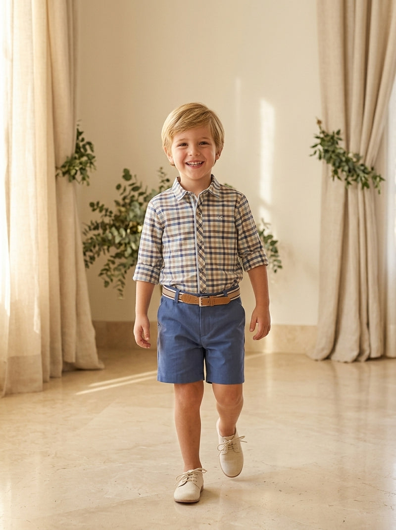 Camisa cuadros azules y marrones y short azul "Virginia"