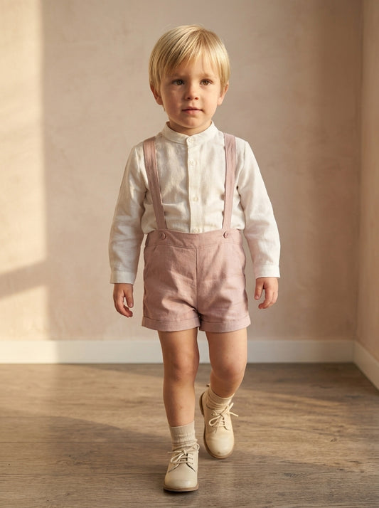 Conjunto camisa lino cuello mao y short tirantes rosa