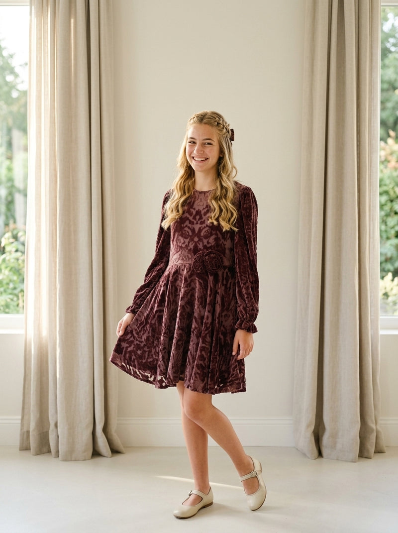 Vestido gasa brocada en terciopelo café