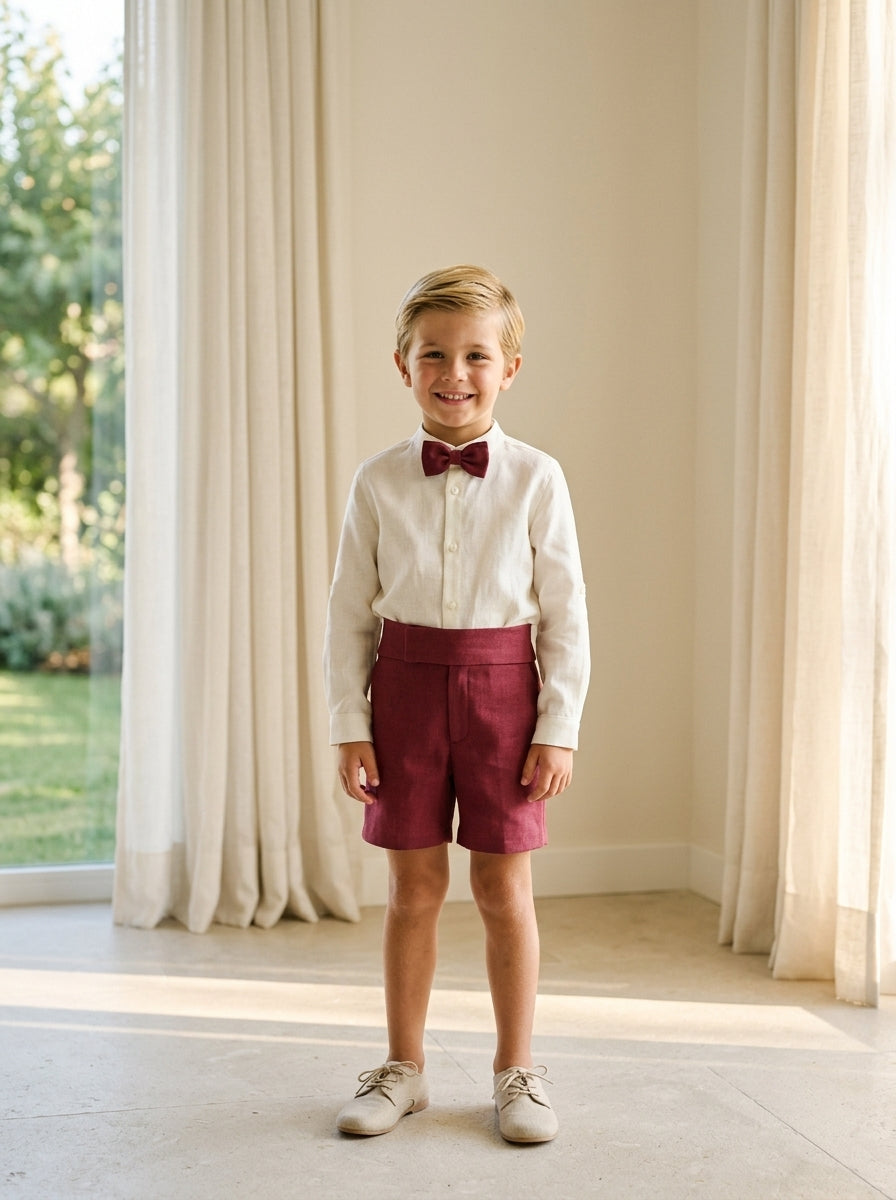 Conjunto camisa y short lino burdeos con pajarita