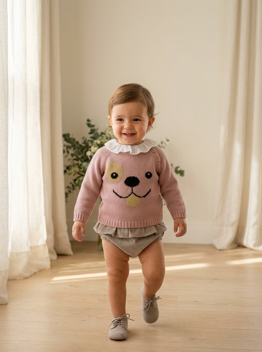 Conjunto 3 piezas, blusa, jersey rosa con carita perrito y culote con volante
