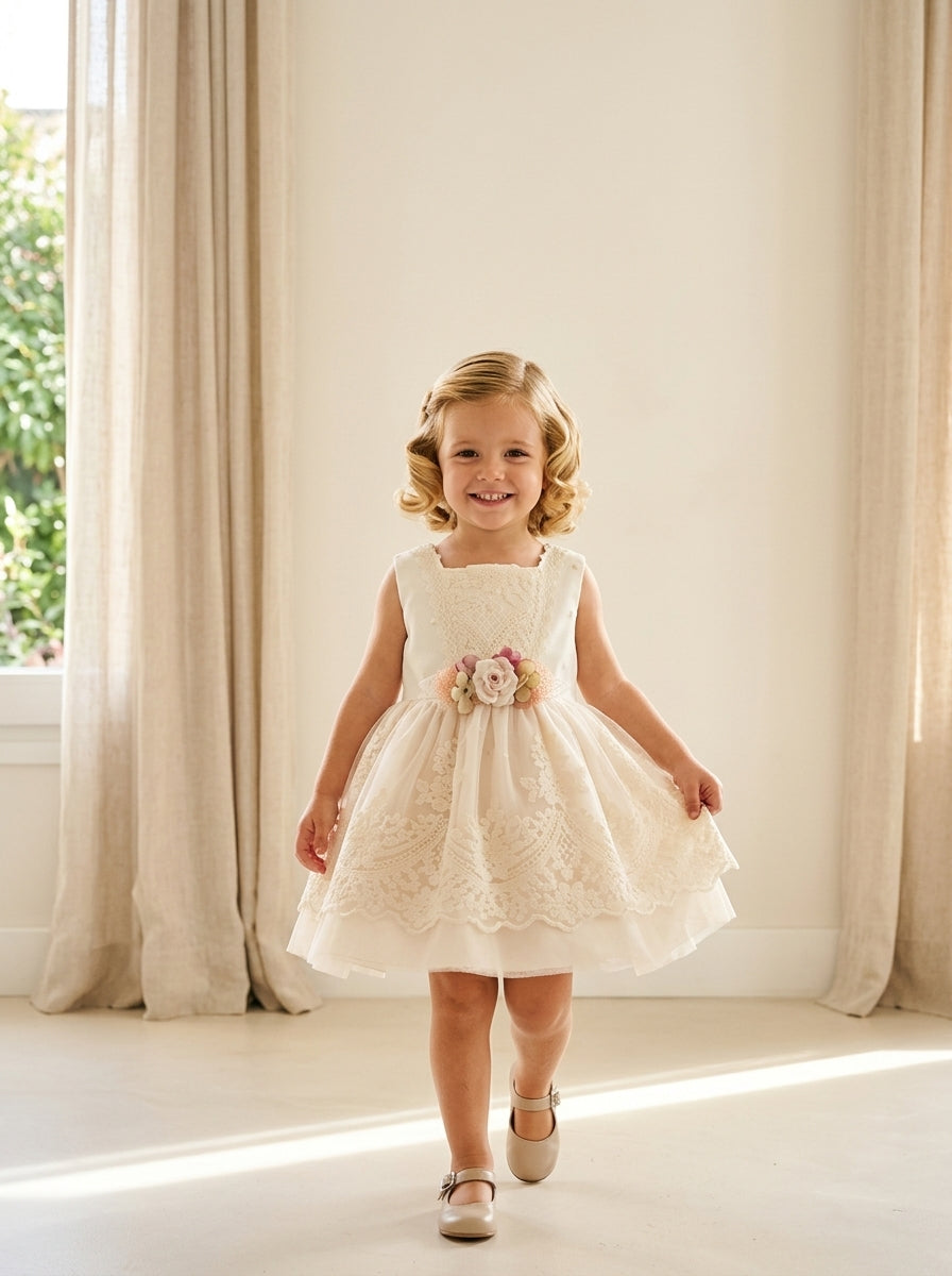 Vestido tul bordado cuerpo beig falda rosa broche flor