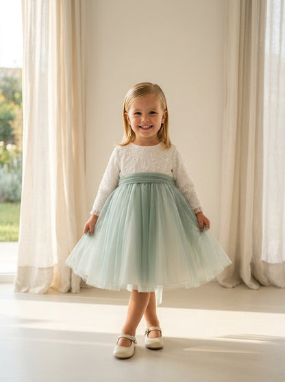 Vestido con cuerpo de tul bordado falda verde
