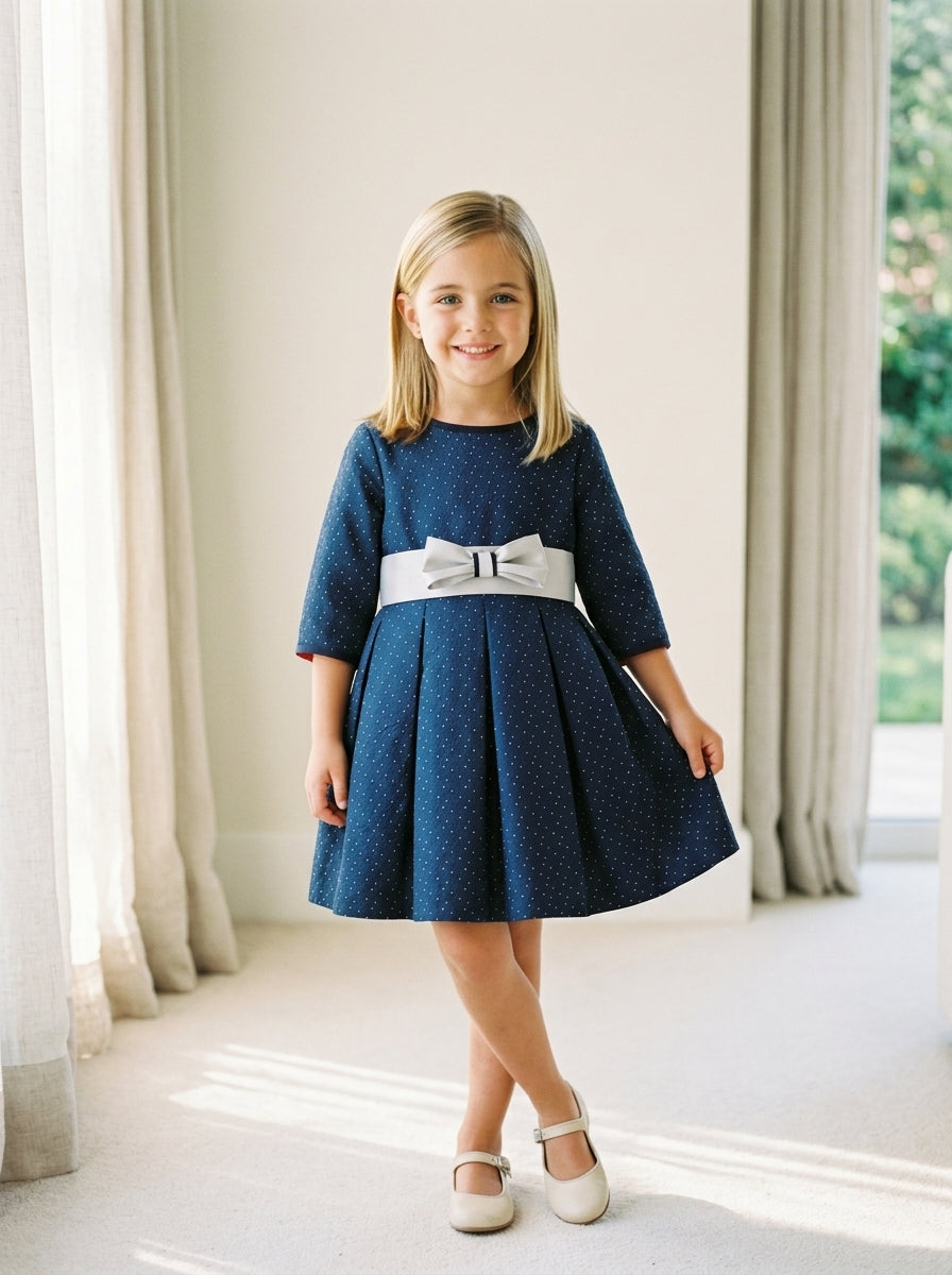 Vestido jacquard marino topitos gris