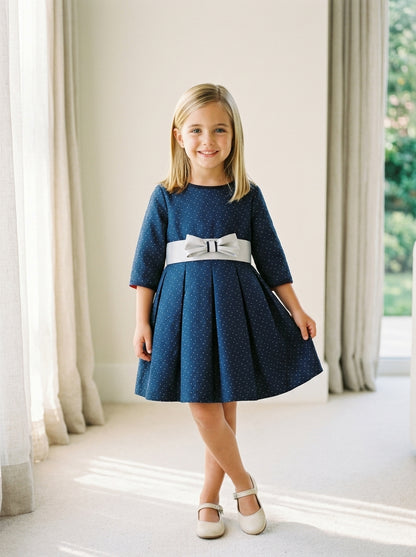 Vestido jacquard marino topitos gris