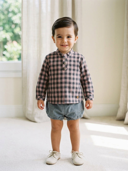 Conjunto camisa vichy negro y rosa y bombacho micropana "Pompeya"
