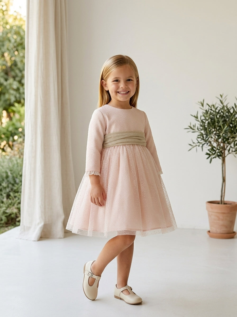 Vestido mikado salmón con flocado y fajin