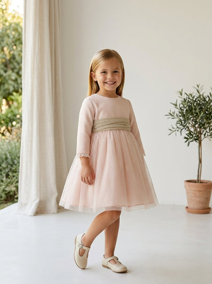 Vestido mikado salmón con flocado y fajin