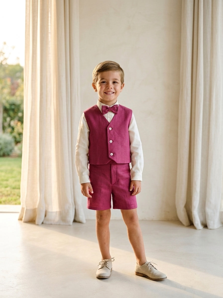 Conjunto camisa y short lino burdeos con pajarita