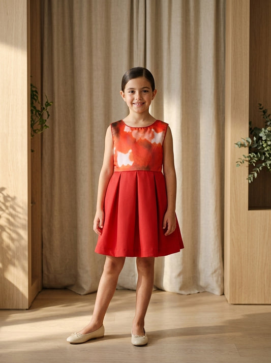 Vestido cuerpo estampado rojo y falda cuadrille rojo