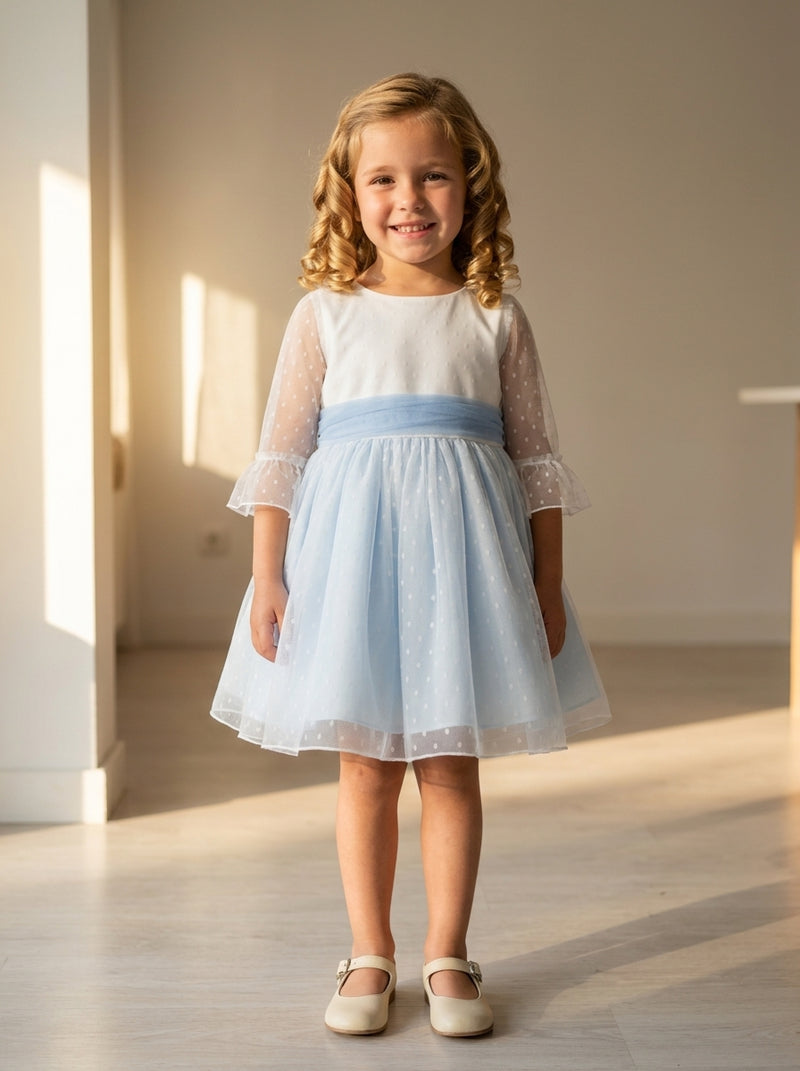 Vestido tul de plumeti blanco y azul manga francesa