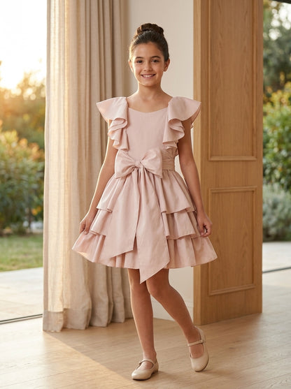 Vestido tafetan rosa maquillaje con volantes y lazada