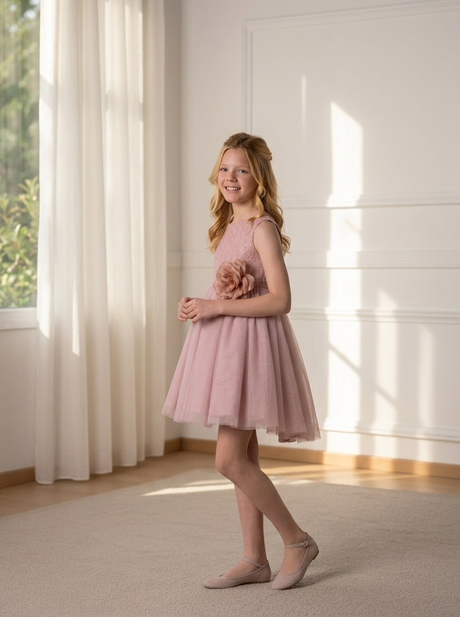 Vestido tul rosa maquillaje con rosetón