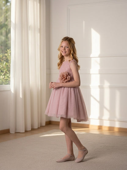 Vestido tul rosa maquillaje con rosetón