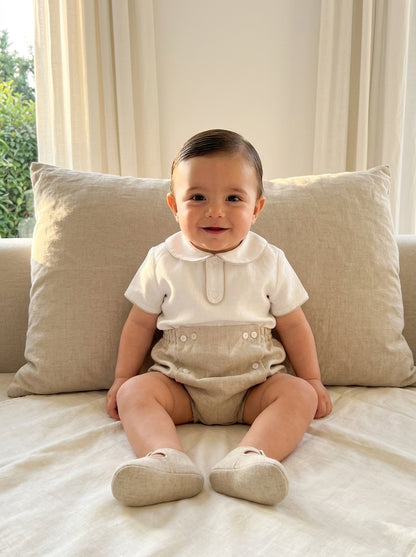 Conjunto camisa lino beig cuello bebe y bombacho tostado