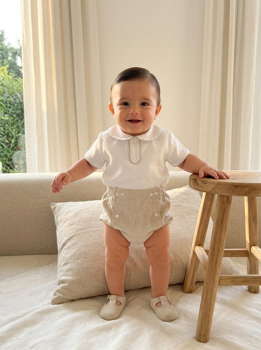 Conjunto camisa lino beig cuello bebe y bombacho tostado