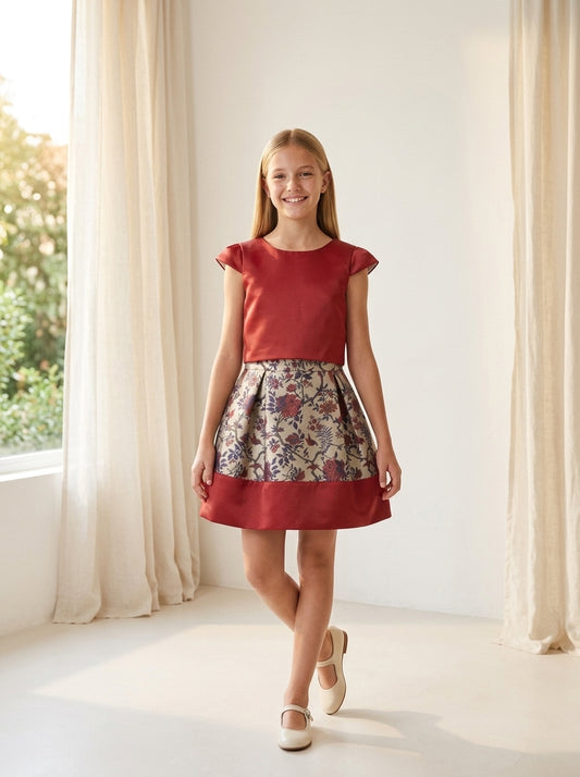 Conjunto cuerpo granate y falda estampada brocado