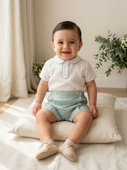Conjunto camisa lino cuello bebe verde y bombacho