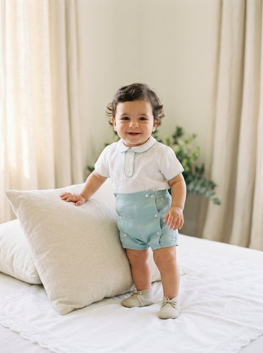 Conjunto camisa lino cuello bebe verde y bombacho