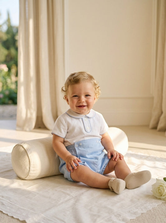 Conjunto camisa lino cuello bebe lino celeste y bombacho