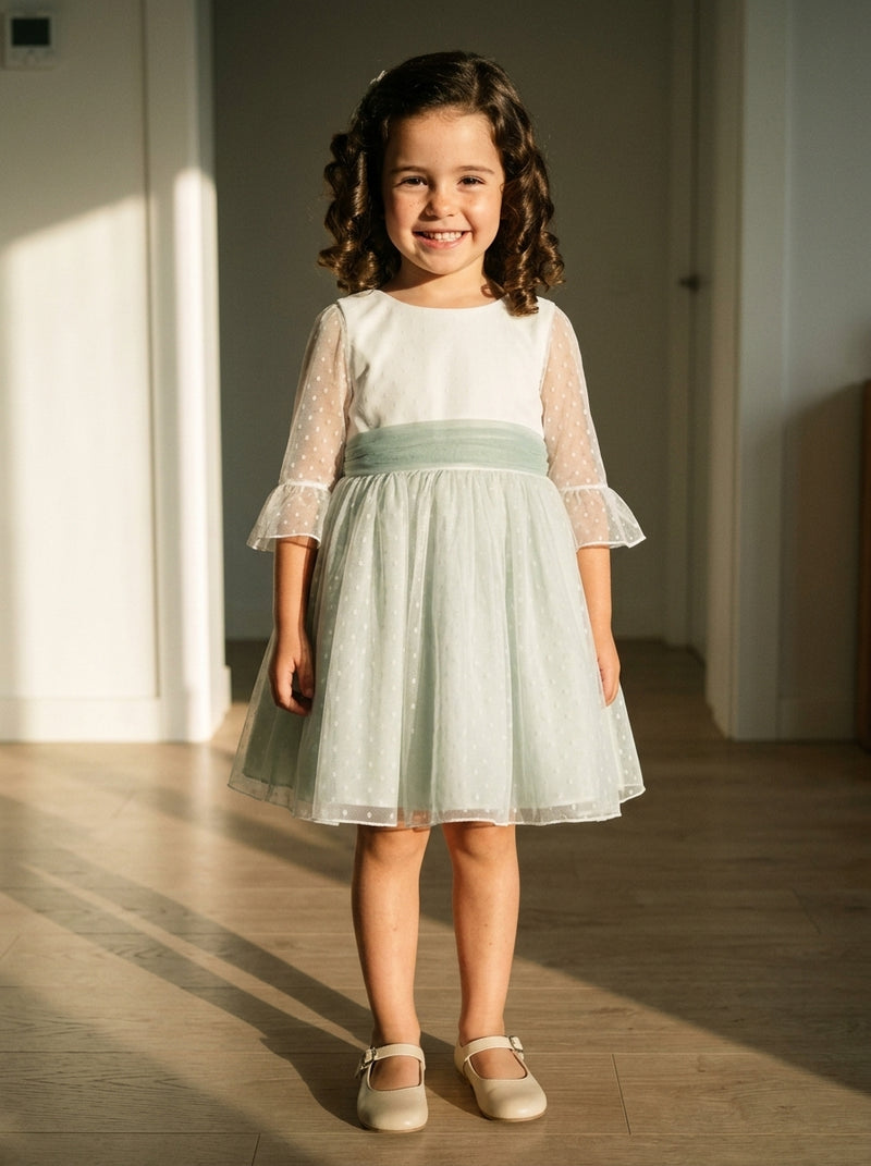 Vestido tul de plumeti blanco y azul manga francesa