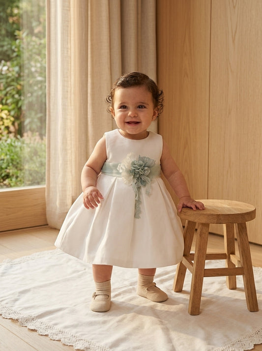 Vestido mikado blanco con fajin tul verde empolvado