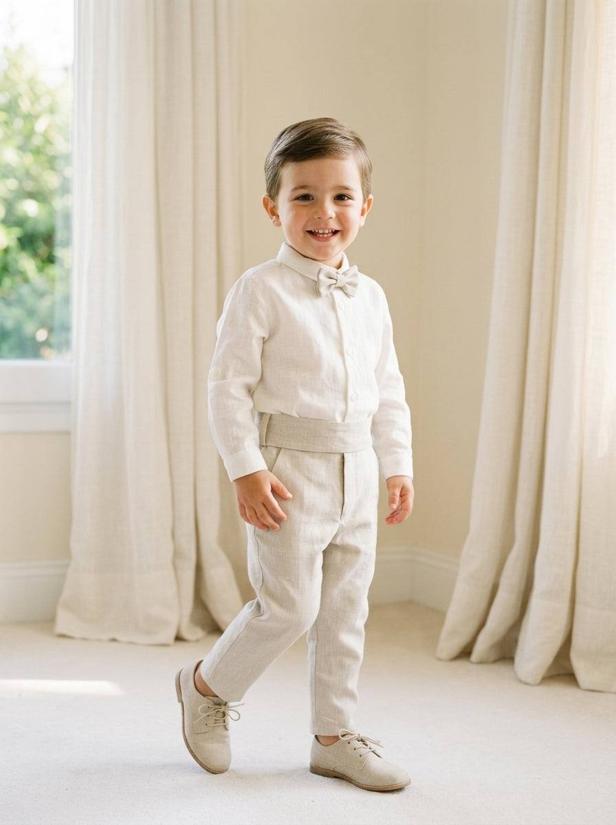 Conjunto camisa lino y pantalon largo arena con pajarita