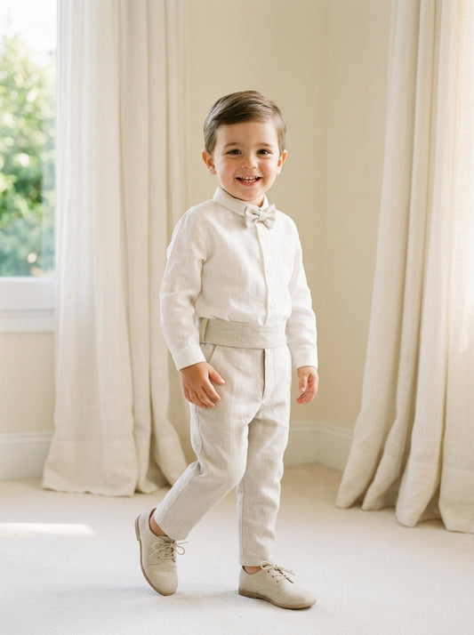Conjunto camisa lino y pantalon largo arena con pajarita