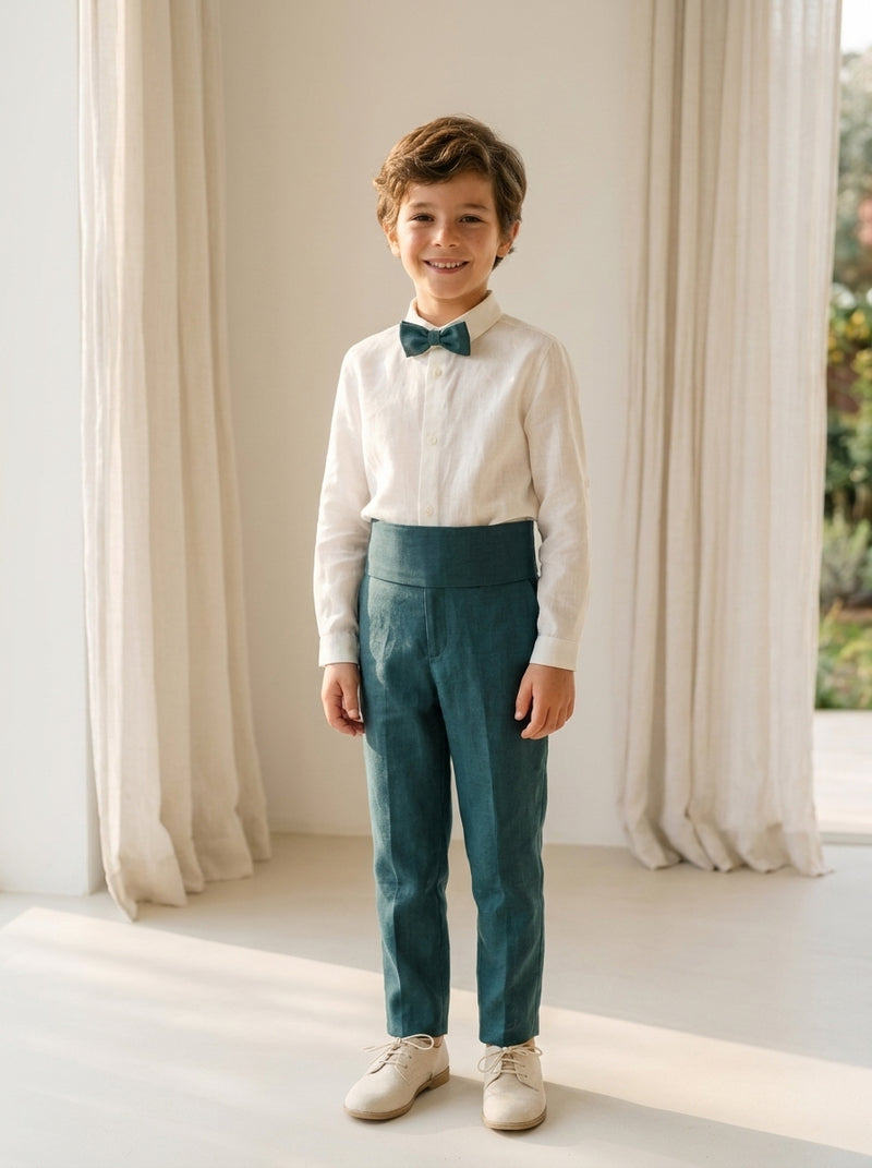 Conjunto camisa lino cuello mao y pantalon largo con fajin verde oliva y pajarita