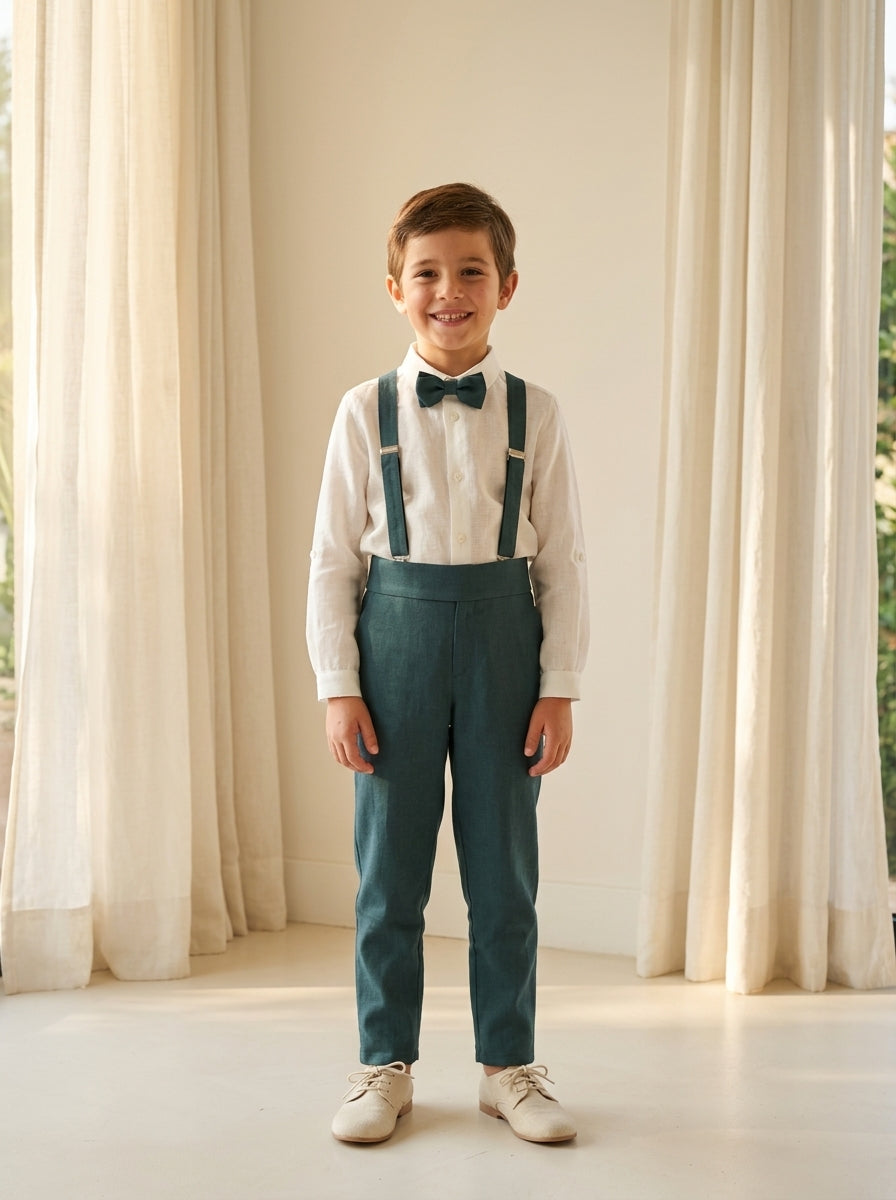 Conjunto camisa lino cuello mao y pantalon largo con fajin verde oliva y pajarita