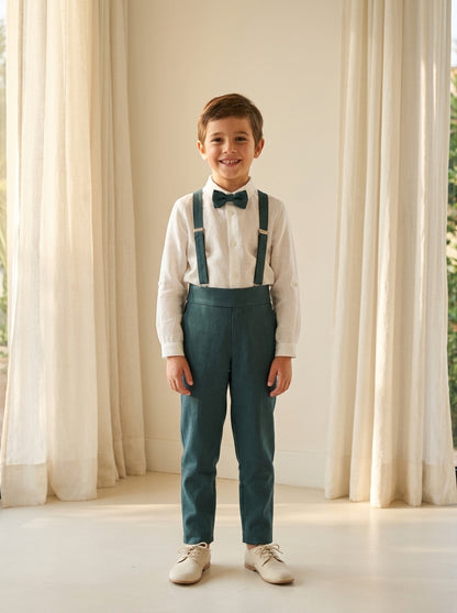 Conjunto camisa lino cuello mao y pantalon largo con fajin verde oliva y pajarita