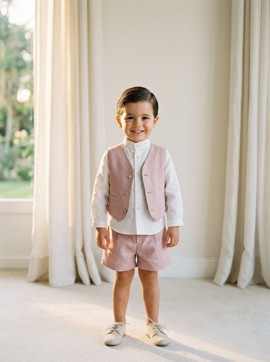 Conjunto camisa, short, chaleco y fajin rosa empolvado
