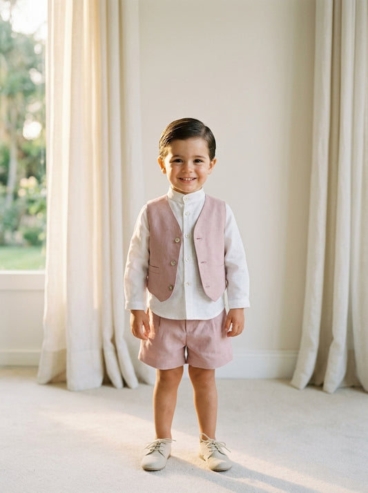 Conjunto camisa, short, chaleco y fajin rosa empolvado