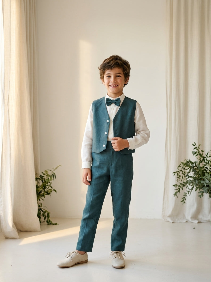 Conjunto camisa lino cuello mao y pantalon largo con fajin verde oliva y pajarita
