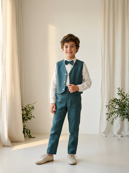 Conjunto camisa lino cuello mao y pantalon largo con fajin verde oliva y pajarita