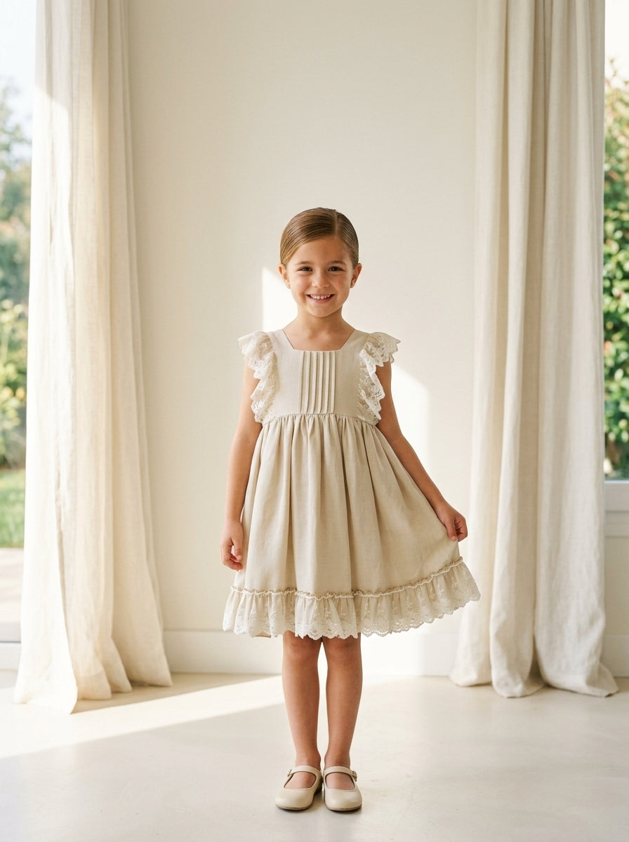 Vestido lino camel con puntilla