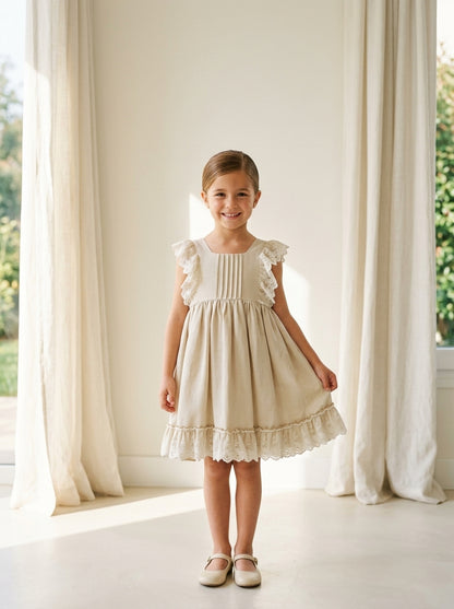 Vestido lino camel con puntilla