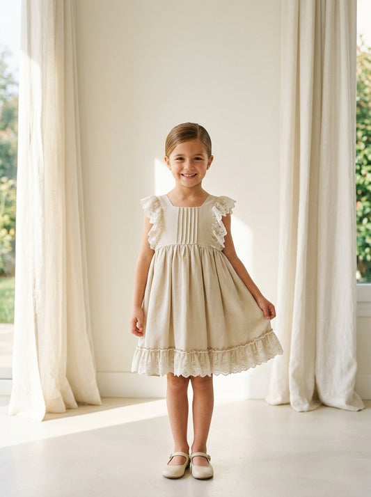 Vestido lino camel con puntilla