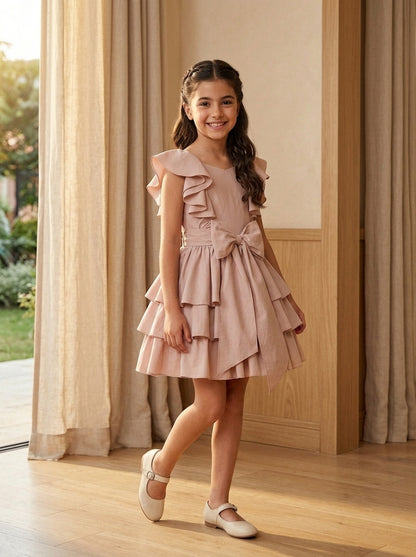 Vestido tafetan rosa maquillaje con volantes y lazada