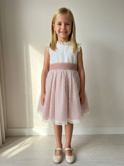 Vestido tul de plumeti rosa empolvado sin mangas