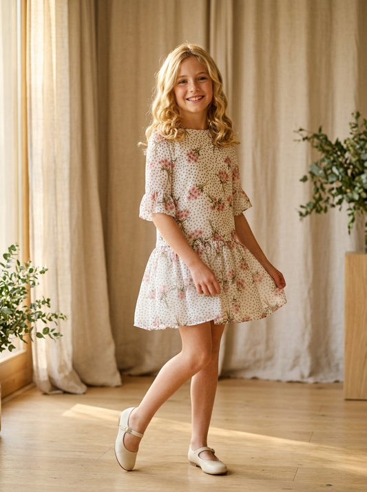 Vestido manga corta gasa flores rosas "Cala"