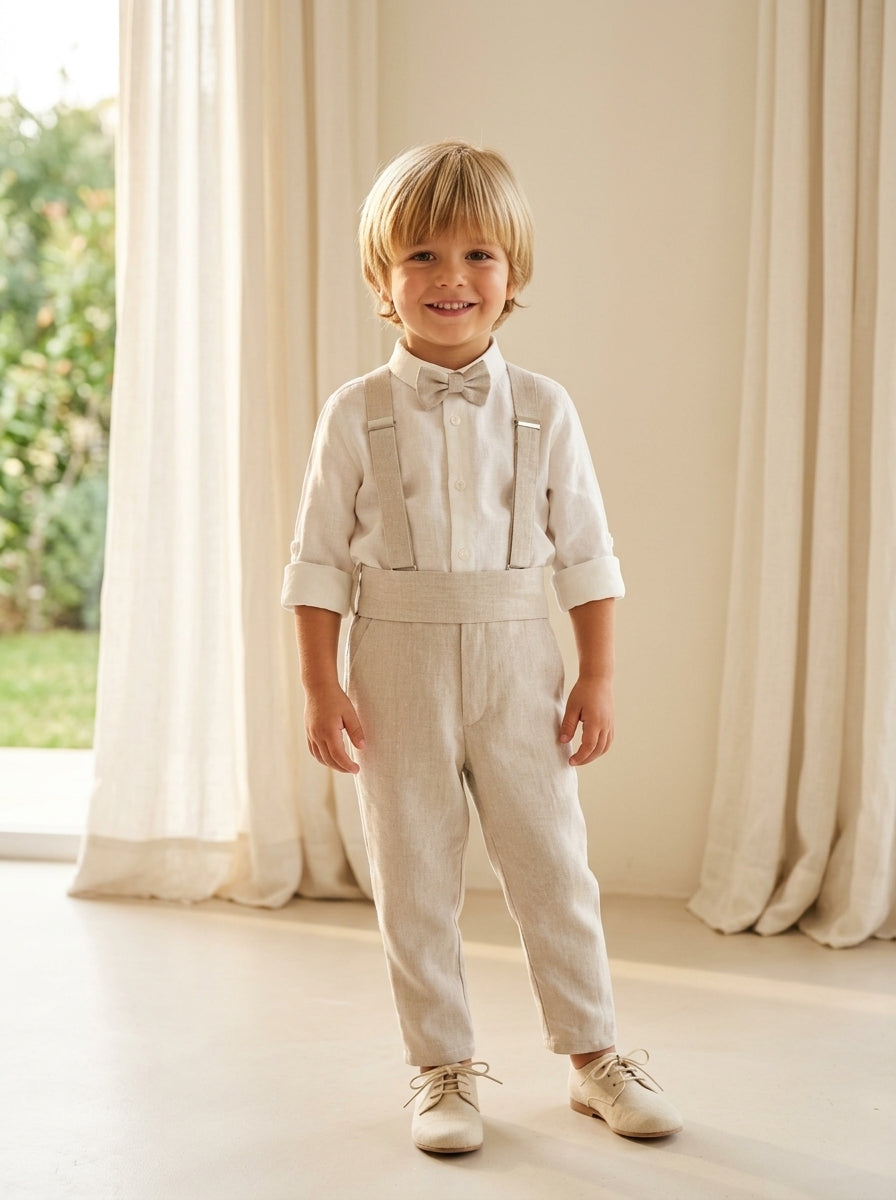 Conjunto camisa lino y pantalon largo arena con pajarita