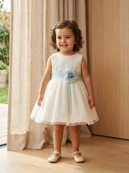 Vestido tul plumeti y fajin verde agua