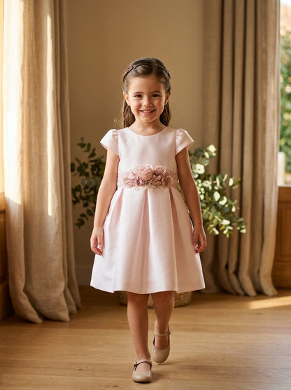 Vestido mikado rosa con fajin rosa empolvado con flores y puntilla