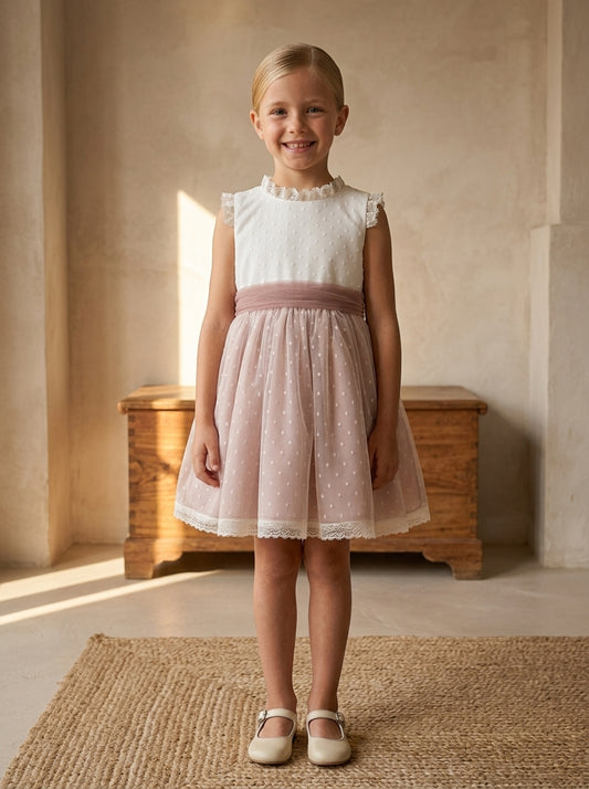Vestido tul de plumeti rosa empolvado sin mangas